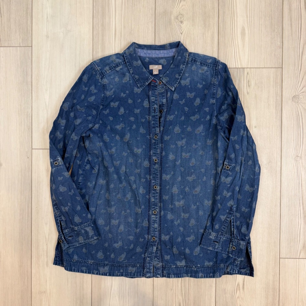 J. Jill Womens Medium Blue Butterfly Print Denim Button Down Roll Tab Shirt